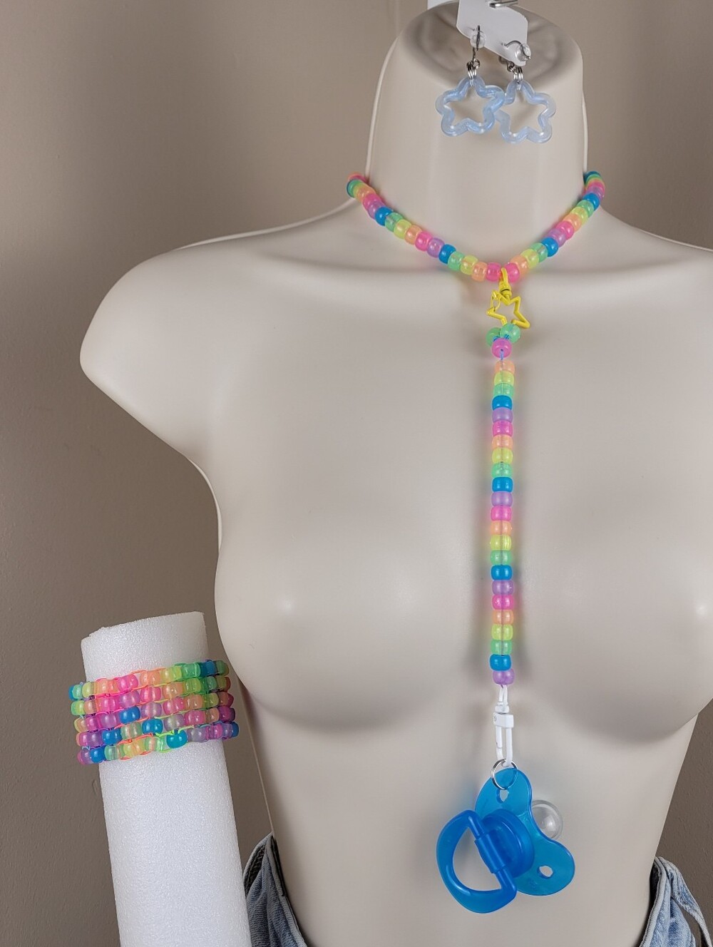 7pc rainbow glow choker cuff blue binky & cord earrings nail art